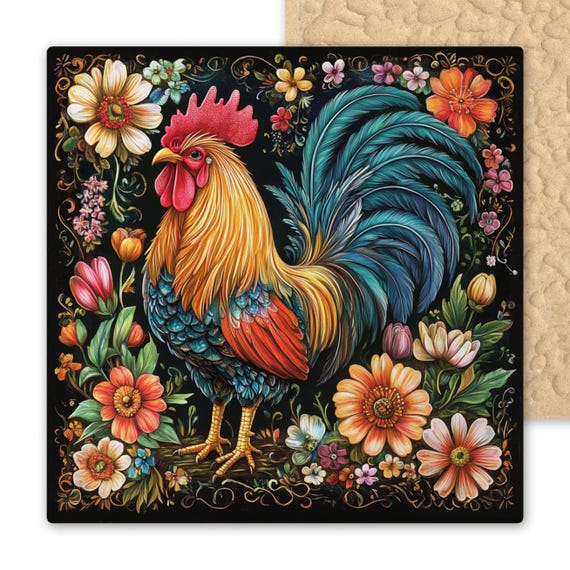 Vibrant Folk Art Rooster Ceramic Tile - Floral Country Farmhouse Kitchen Wall Decor
