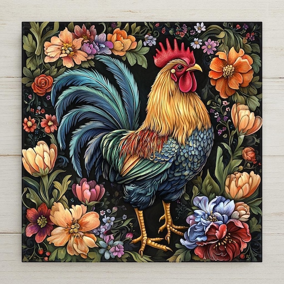 Vibrant Ceramic Rooster Tile Wall Art - Folk Art Farmhouse Wall Decor with Floral Accents Home Decor