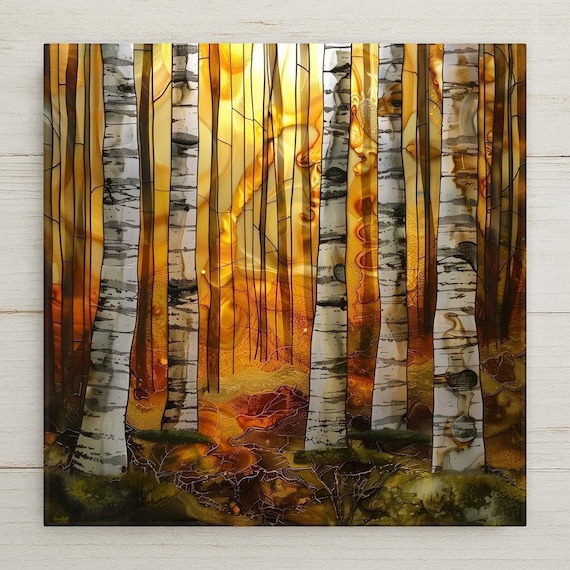 Birch Forest Wall Art Ceramic Tile – Sunrise Woodland Decor – Stained Glass Alcohol Ink Nature Wall Decor – Cabin Wall Decor Home Decor