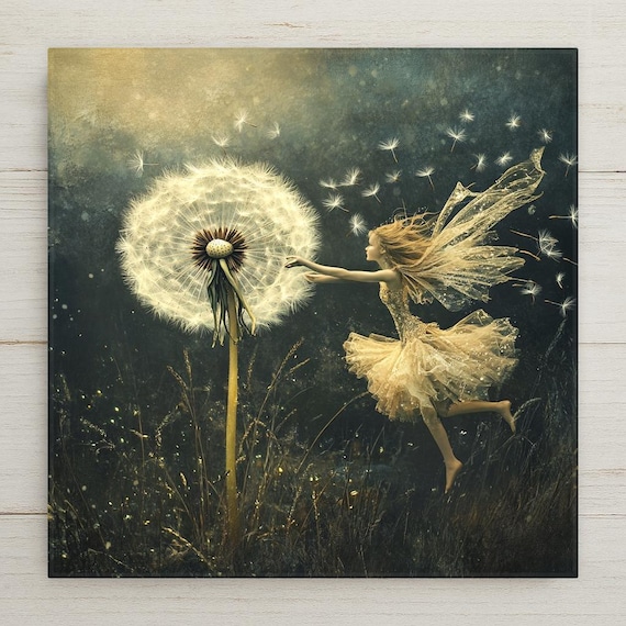 Fairycore Ceramic Tile Art: Whimsical Dandelion Dance Wall Decor