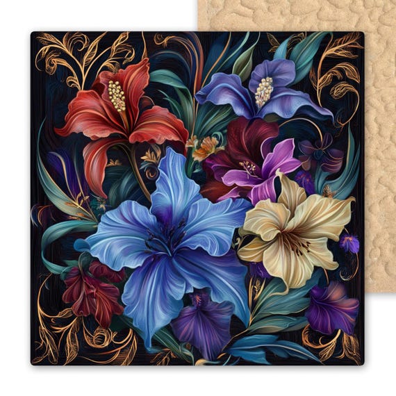 Art Nouveau Floral Ceramic Tile: Jewel-Toned Botanical Wall Decor, Elegant Nature-Inspired Home Gift