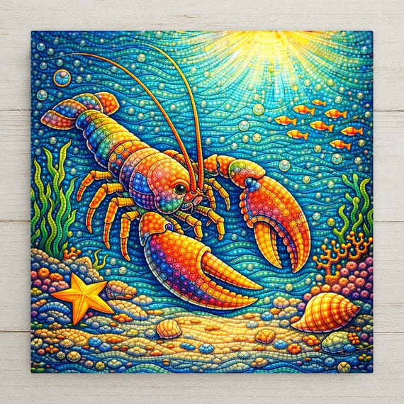 Whimsical Lobster Ceramic Tile Wall Art – Coastal Nursery Decor, Stained Glass Style Beach House Wall Decor, Playful Ocean Home Decor