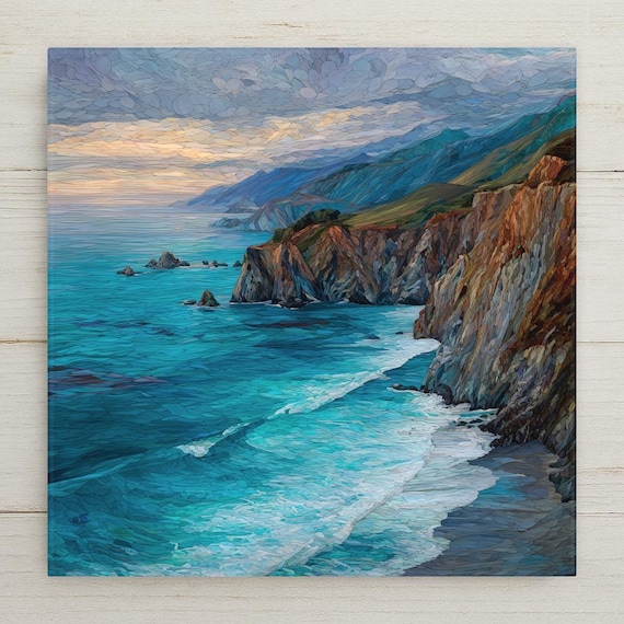 Big Sur Ceramic Tile Wall Art – California Coastal Cliffs & Turquoise Ocean, Pacific Coast Highway Wall Decor, Scenic Home Decor
