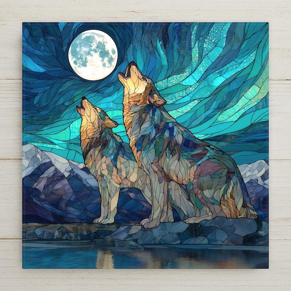 Howling Wolves Ceramic Tile Wall Art – Stained Glass Moonlit Wilderness Design, Rustic Wildlife Home Decor, Nature Inspired Wall Decor