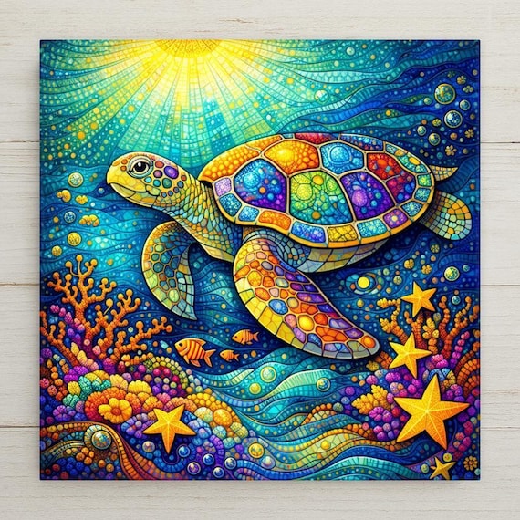 Sea Turtle Ceramic Tile Wall Art - Stained Glass Style Ocean Coastal Beach Home Decor Gift