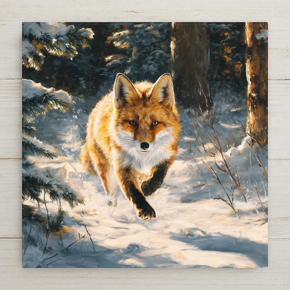 Winter Fox Ceramic Tile Wall Art - Snowy Forest Wildlife Decor, Rustic Home Gift for Nature Animal Lovers