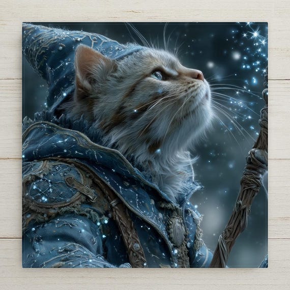 Mystical Wizard Cat Wall Art - Fantasy Feline Magic Staff Print, Celestial Starry Cloak Artwork for Home Decor & Gifts