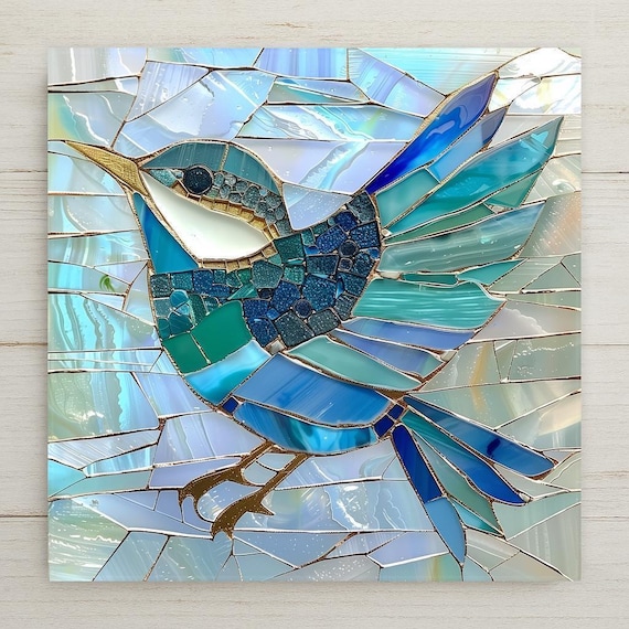 Sea Glass Bird Art Ceramic Tile – Coastal Stained Glass Style Bird Wall Decor, Ocean Inspired Mosaic Tile Artwork, Beach Cottage Wall Art