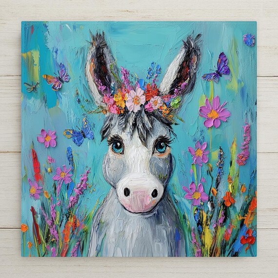 Floral Donkey Ceramic Tile: Whimsical Cottagecore Farmhouse Decor