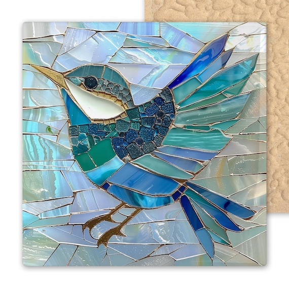 Sea Glass Bird Art Ceramic Tile – Coastal Stained Glass Style Bird Wall Decor, Ocean Inspired Mosaic Tile Artwork, Beach Cottage Wall Art