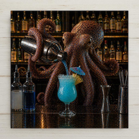 Octopus Bartender Wall Art Ceramic Tile Bar Decor Gift Cocktail Art Mixologist Home Bar Gift Tile