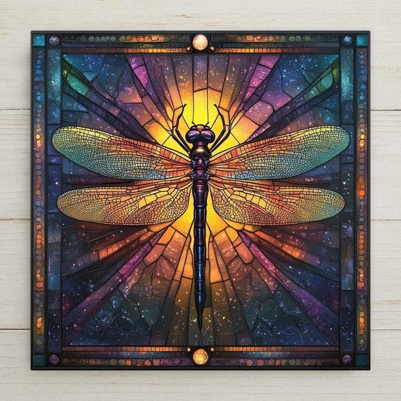 Art Nouveau Dragonfly Tile: Stained Glass Galaxy Ceramic Wall Art