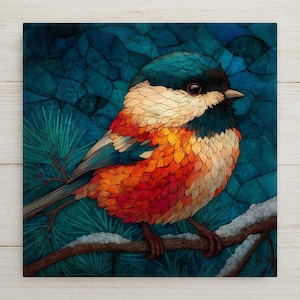May include: A colorful bird illustration with a blue, orange, and red color palette. The bird is perched on a branch with green pine needles and a blue background. The artwork has a mosaic-like appearance.