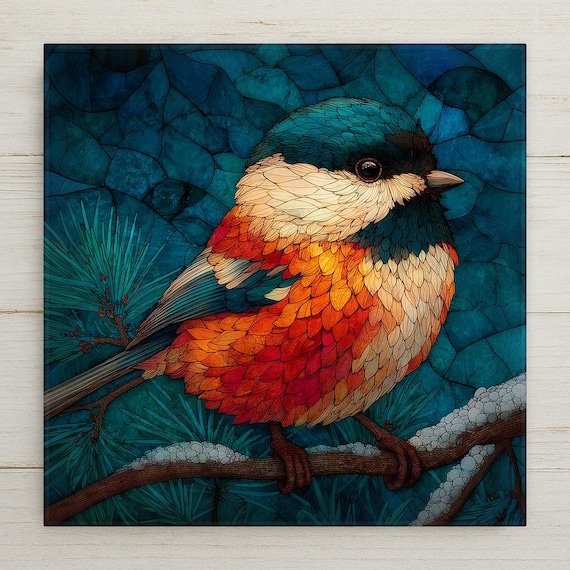 Chickadee Wall Art Ceramic Tile Stained Glass Style Birdwatcher Gift Memorial Bird Art Woodland Nature Sympathy Gift