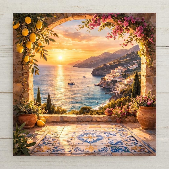 Amalfi Coast Wall Art Ceramic Tile Italy Gift Mediterranean Decor Italian Sunset Art Coastal Gift Tile