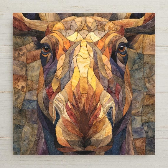 Moose Ceramic Tile Wall Art – Stained Glass Style Moose Portrait, Rustic Lodge Decor, Woodland Animal Wall Decor Gift