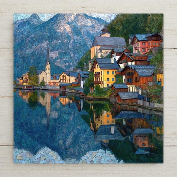 Hallstatt Austria Ceramic Tile Wall Art – Alpine Lake Village Reflection, European Mountain Wall Decor, Travel Inspired Home Decor