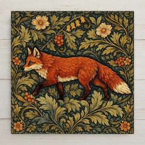 Puede incluir: Una impresión de arte mural cuadrada que muestra un zorro rojo caminando a través de un denso patrón de follaje verde oscuro, hojas amarillo dorado y pequeñas flores naranjas. El zorro tiene el pecho y la punta de la cola blancos sobre fondo.