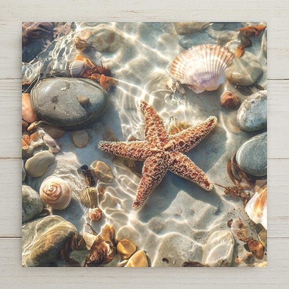 Tidepool Starfish Ceramic Tile Wall Art - Coastal Beach Decor Ocean Photography Nautical Home Gift