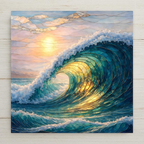 Ocean Wave Coastal Wall Art Ceramic Tile – Sunlit Sea Wave, Nature Inspired Stained Glass Style, Home Decor