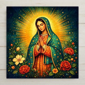 Virgin Mary Wall Art Ceramic Tile – Mexican Folk Inspired Marian Decor Catholic Christian Home Decor Religious Gift