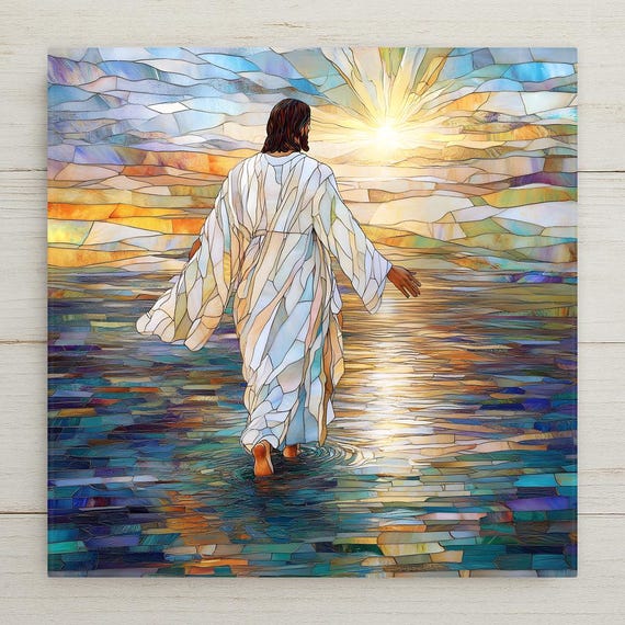 Stained Glass Inspired Jesus Ceramic Tile: Christian Religious Wall Art for Home Decor