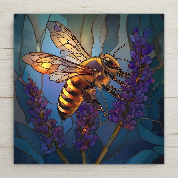 Bee Wall Art Ceramic Tile – Stained Glass Lavender Decor – Botanical Garden Wall Decor – Honeybee Nature Home Decor Gift