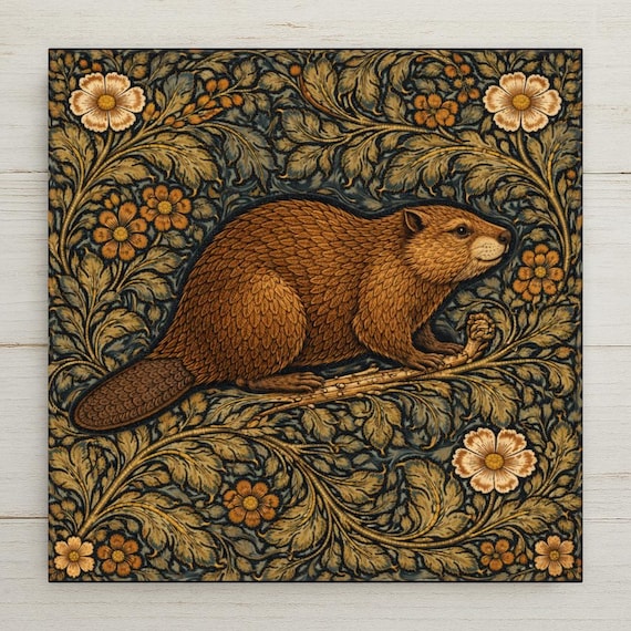 Beaver Wall Art Ceramic Tile – William Morris Style Woodland Animal Wall Decor – Rustic Cabin Decor – Arts and Crafts Wildlife Home Decor
