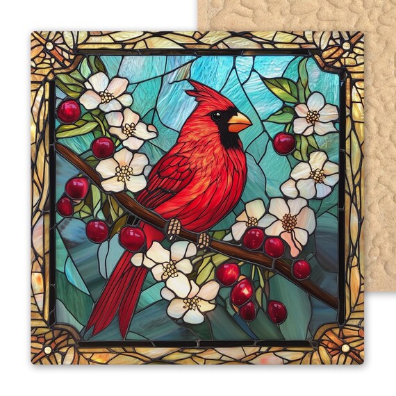 Stained Glass Cardinal Ceramic Tile: Memorial Garden Decor, Bird Lover Gift, Christmas Present for Her
