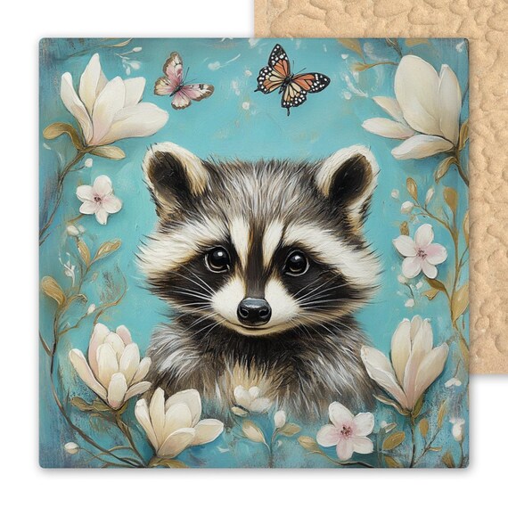 Whimsical Raccoon Ceramic Tile Art: Magnolia Blossoms Teal Wall Decor, Woodland Animal Gift