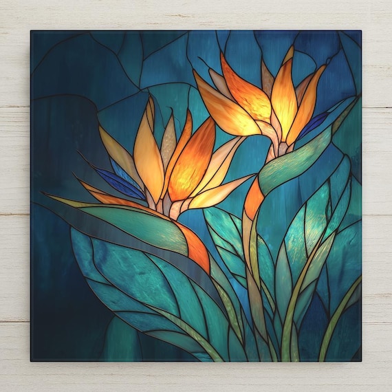 Bird of Paradise Ceramic Tile Art - Stained Glass Style Tropical Floral Wall Decor - Vibrant Orange Blue Flower Gift