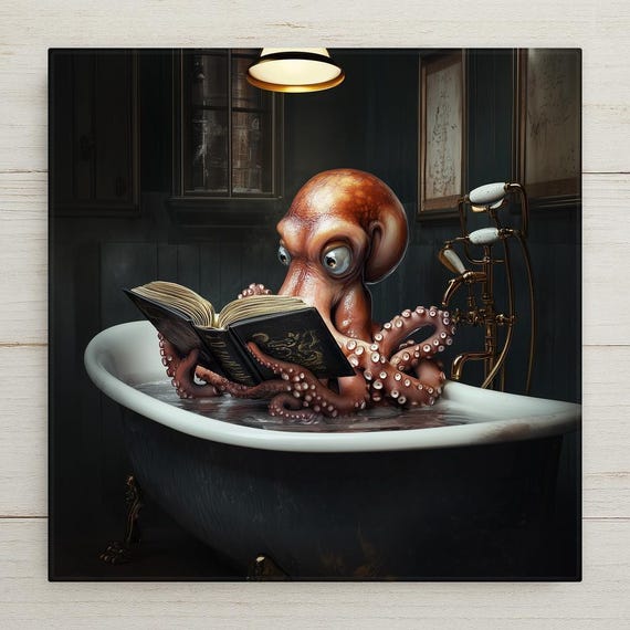 Octopus Reading in Bathtub Ceramic Tile Art: Steampunk Bathroom Decor