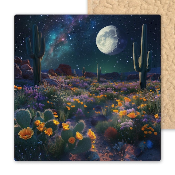 Moonlit Desert Ceramic Tile: Cactus Landscape with Wildflowers Under Starry Sky - Southwest Wall Art