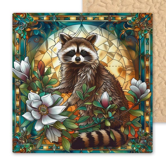 Whimsical Raccoon Ceramic Tile Art - Stained Glass Style Wall Decor with Magnolia Flowers - Woodland Animal Nature Art Tile for Home Decor