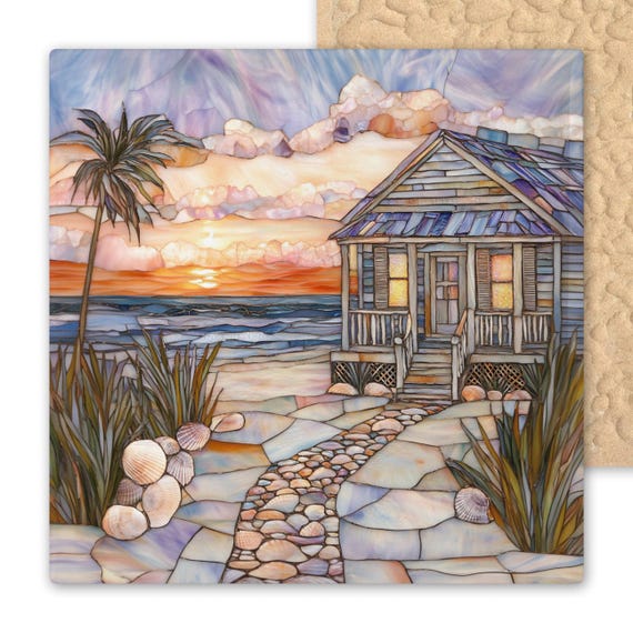 Coastal Ceramic Tile Art: Seaside Sunset Wall Decor for Beach Cottage, Nautical Housewarming Gift