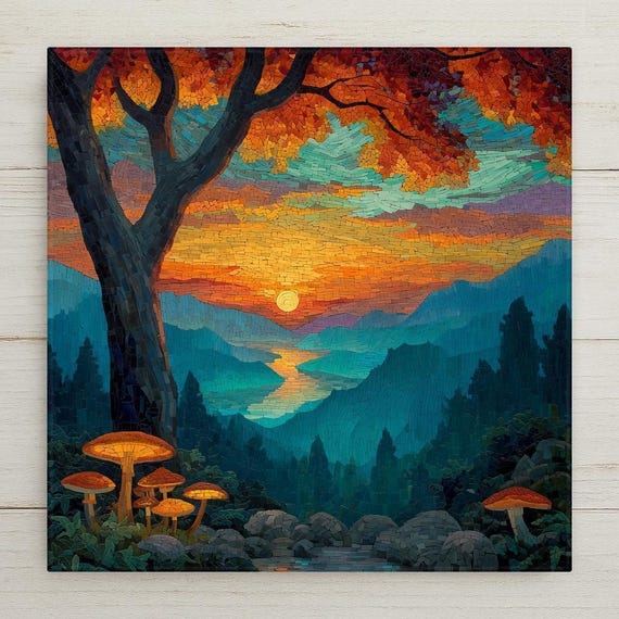 Blue Ridge Mountains Sunset Ceramic Tile Art: Stained Glass Mosaic Landscape Wall Decor, Nature Home Gift