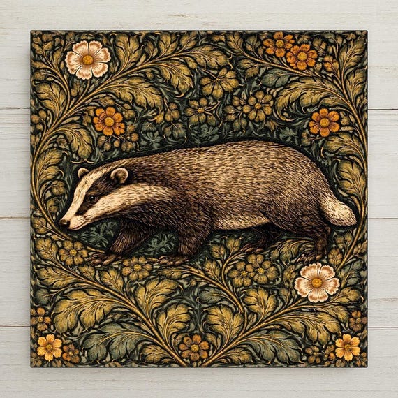 Badger Woodland Wall Art Ceramic Tile – Cottagecore Forest Home Decor – Arts and Crafts Botanical Wall Art Gift