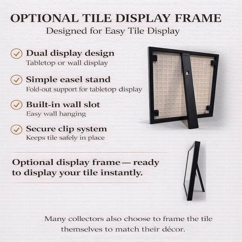 The image is a product description for a dual display design, a simple easel stand, a built-in wall slot, and a secure clip system for a tile display frame. It also mentions that the frame is ready to display the tile instantly.