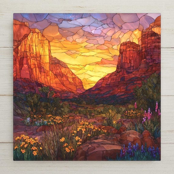 Sedona Red Rock Ceramic Tile Wall Art - Stained Glass Style Desert Landscape Statement Decor for Southwest Home