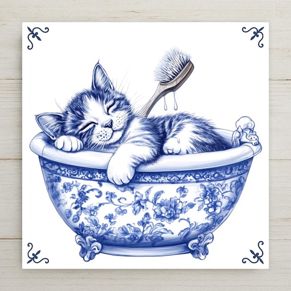 Blue Delft Tile: Kitten in Bathtub Home Decor - Dutch Ceramic Cat Art