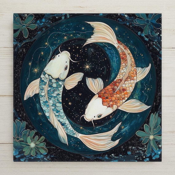 Pisces Zodiac Ceramic Tile: Stained Glass Koi Fish Wall Art