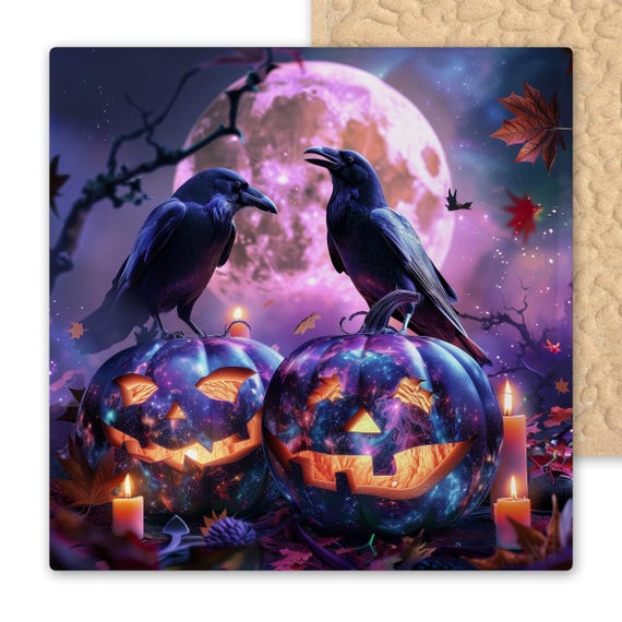 Celestial Raven Halloween Ceramic Tile: Galactic Metallic Pumpkins, Witchy Moon Wall Art Decor