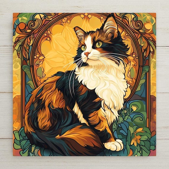 Calico Cat Wall Art Ceramic Tile Art Nouveau Floral Decor Cat Lover Gift Mothers Day Gift