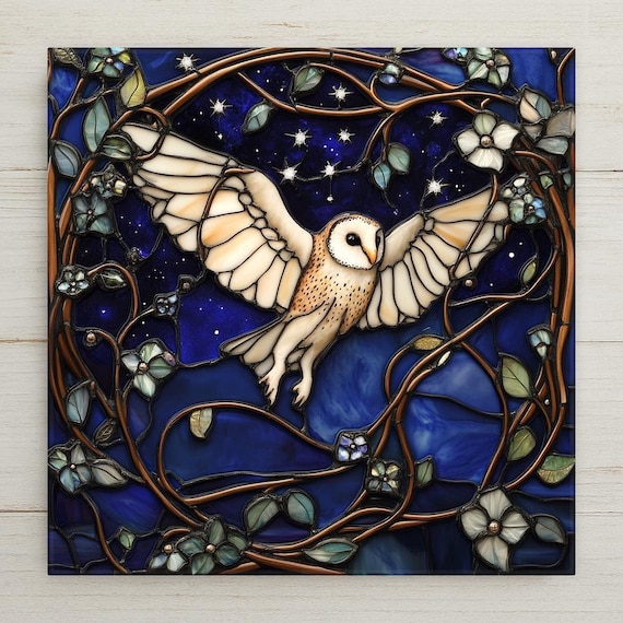 Art Nouveau Barn Owl Ceramic Tile: Cottagecore Wall Decor