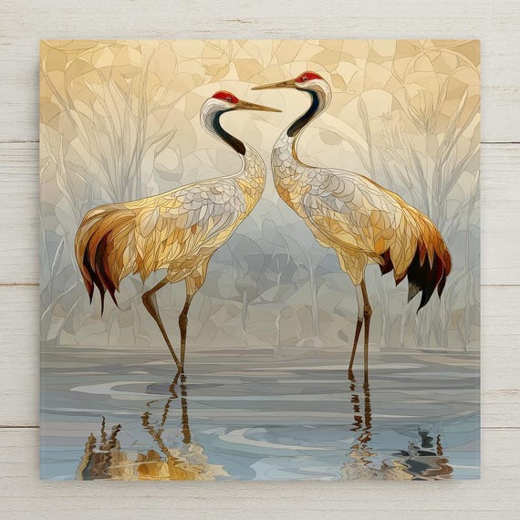 Cranes Ceramic Tile Wall Art – Symbol of Lifelong Love & Devotion, Stained Glass Style Nature Decor, Anniversary Gift for Couples
