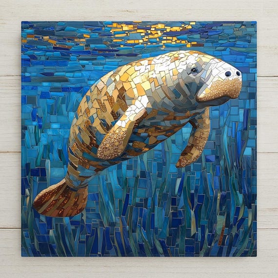 Manatee Wall Art Ceramic Tile Mosaic Style Coastal Gift Bathroom Decor Ocean Lover Gift Sea Cow Art Mosaic Tile