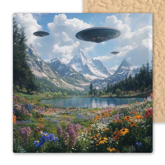 Surreal Mountain Landscape Ceramic Tile: UFO, Wildflowers, Cottagecore Alien Decor Wall Art