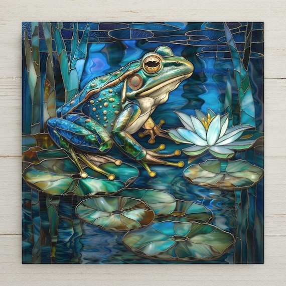 Stained Glass Style Ceramic Frog Tile | Blue-Green Nature-Inspired Wall Art for Pond & Garden Lovers