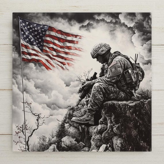 Mourning Soldier Ceramic Tile Art: Patriotic Military Remembrance