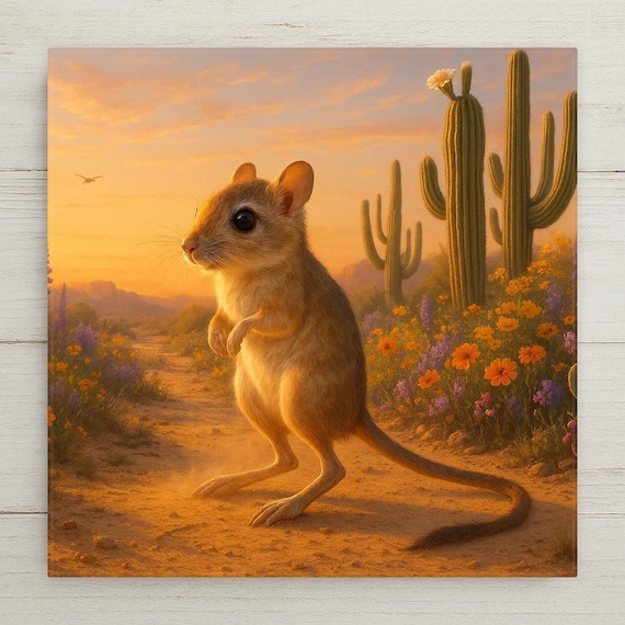 Kangaroo Rat Ceramic Tile: Southwestern Desert Wildlife Wall Decor for Nature Enthusiasts